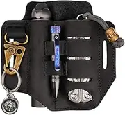 VIPERADE PJ13 EDC Leather Sheath, Knife Belt Sheath/Leather Flashlight Holster/for Leatherman Multitools Sheath, Handmade 3 Pockets Organizer Sheath for Knives/Flashlights (B-Black)