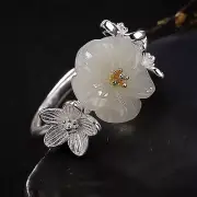 Real Solid 925 Sterling Silver Band Natural Jade Women Gift Lucky Flower Ring