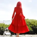 夏長裙大紅色沙灘裙雪紡長裙新款拍照旅遊度假連帽洋裝仙女大擺