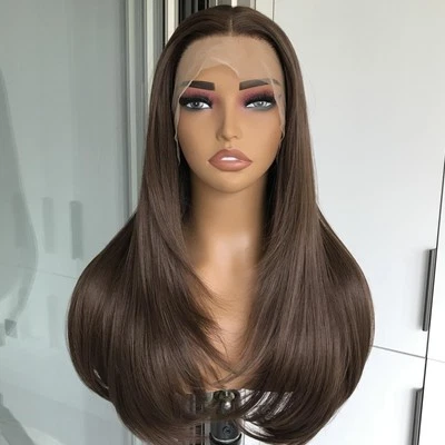 13x4 Chocolate Brown Lace Front Wig Synthetic Hair HD Transparent Straight La...