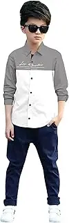 [Zilcon] Boys Half And Half Sleeve Shirts Classic Button Down Collar T Shirt Solid Color Cotton T Shirt Letter Printed For Kids Boys