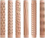 6 Piece Clay Modeling Pattern Rollers, Wood Color 15x2cm for Clay Wooden Handle Pottery Tools Stars Wood Wave