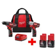 Milwaukee Hammer Drill + Impact Driver Kit 12V Li-Ion Cordless w/ (2) Batteries