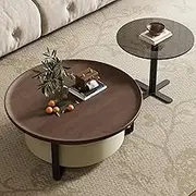 EKDJSN Brown Coffee Table Set of 2, Nesting Table with Optional Rotating Cabinet, Nesting of Tables with Storage Drawer, Round Transparent Tempered Glass Side Table
