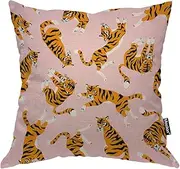 Moslion Tiger 18x18 Inch Pillow Cover Wild Animal Beast Circus Safari Tigers with Leopard Decorative Throw Pillow Case Square Cushion Cotton Linen Canvas for Women Men Pink Orange