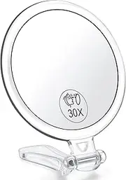 AMISCE 30x Magnifying Handheld Mirror, 2-Sided with Adjustable Stand, Portable, Acrylic Frame, 5'' Diameter, Perfect for Makeup, Shaving, Deep Cleaning