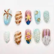 Pearlescent Ocean Bloom 3D Press-On Nails, Mermaid Floral Trend, Handmade Set