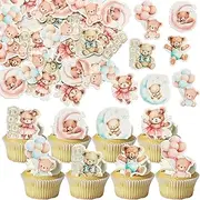 Gyufise 48Pcs Baby Shower Bear Cupcake Toppers Moon Baby Bear Baby Shower Cake Topper Decorations Jungle Animal Theme Baby Shower Birthday Party Cake Supplies Blue Pink