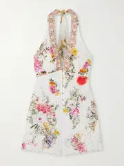 [Camilla] Camilla - Embellished Floral-print Broderie Anglaise Linen Halterneck Playsuit - Off-white - small small Off-white