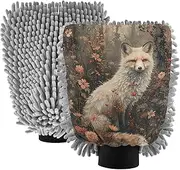 XYMZR Fox Forest Flowers Absorbent Microfiber Car Wash Mitt, Funny Cute Anime Scratch Free for Cars Cleaning, Home Cleaning Mitts, 2 Pack, 10.24” L x 7.09” W