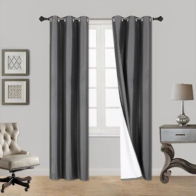 2PC CHARCOAL ADAM Foam Lined Heavy Thick Blackout Grommet Window Curtain Panels
