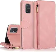 for Samsung Galaxy A71 Case,for Galaxy A71 Wallet Case[ 8 Card Slots & 1 Zipper Coin Purse] Leather Wallet Flip Cover with Wrist Starp-Pink