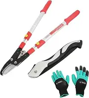 LINZI Telescopic Ratchet Anvil Loppers Aluminium Handle Heavy Duty 660-970mm + Folding Pruning Saw Hacksaw 250mm + Gardening Gloves, Manual Pruning Shears Scissors Kit