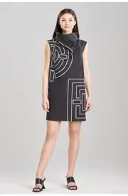 Natori Tech Cotton Taffeta Funnel Shift Dress w/ Embroidery in Black at Nordstrom, Size 2