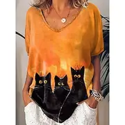 Halloween Women's T Shirt Cat Vintage Casual Short Sleeve V Neck Regular Tops Daily Weekend Print Black White Orange Green Summer