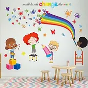 PinkEleph Small Hands Change The World Wall Stickers - Inspirational Quotes Rainbow Wall Decals - Kids Room Nursery Classroom School Daycare Library Playroom Wall Decor