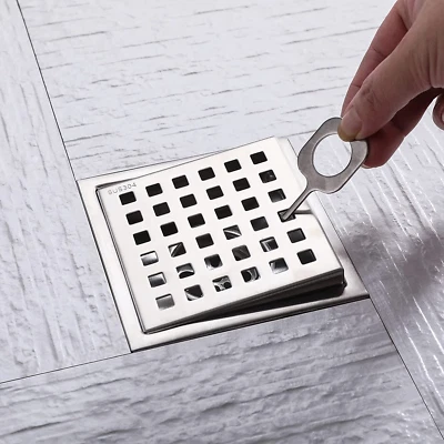 4-Inch Square Shower Drain with Removable Grid Grate Cover Hair Strainer Thread