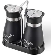 Lonffery Salt and Pepper Shakers Set, Stainless Steel with Glass Bottle for Table, RV, Camp, BBQ, Set of 2, Black