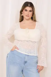 White Lace Top Long Sleeve Front Tie
