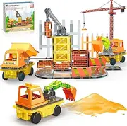 PicassoTiles Magnet Tile Construction Themed Building Blocks 5-in-1 Crane, Ladder, Dump Truck, Excavator, and Backhoe Action Figures, 2 Car Base Vehicles Magnetic Tiles Learning Toys Kids Ages3+ PTU06