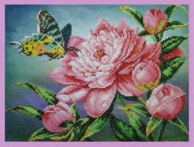 Bead embroidery kit Peony with butterfly hand embroidery needlework kit