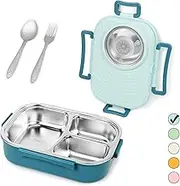 Stainless Steel Bento Lunch Box for Kids and Adults,Stackable BPA-Free Food Containers with 3 Compartments and Reusable Sauce Bowl, Fork and Spoon, (1000ml/34oz,SkyBlue)