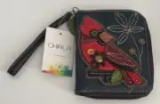 NEW CHALA RED BIRD CARDINAL ZIPPERED WALLET NAVY BLUE FAUX LEATHER