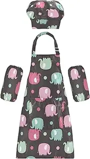 AIXIWAWA Kids Apron Chef Hat Set, Child Kitchen Bib Aprons Adjustable for Cooking Baking Painting (Green Red Cute Elephant)