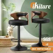 Oikiture 2xBar Stools Kitchen Gas Lift Swivel Chairs Stool Wooden Barstool Black