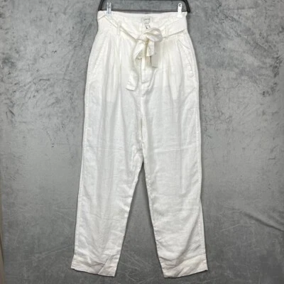 Joie Linen Minimalist Paperbag Waist Belted Wide Leg White Pants Medium Resort