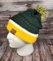C.C Women OS Exclusive University College Pom Pom Hat Beanie Green Gold White