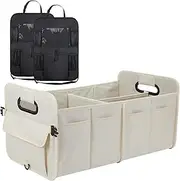 Car Boot Organiser with Super Capacity Storage – Collapsible, Car Trunk Organizer with Reinforced Handles, Adjustable Straps & Non-Slip Bottom – 2 Seatback Organisers for SUVs, Sedans, & RVs - Beige