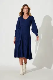 Women's Party Albi Midi Knit Dress Full Length Sleeve in Navy Cotton Blend 8