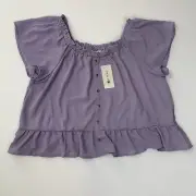 Pink Rose Ruffle Hem Top Blouse Womens L Lavender Flutter Sleeve Boho Peasant