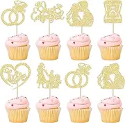 Ephlyn 24Pcs Just Engaged Cupcake Toppers Glitter Ring Love Propose Engagement Cupcake Pick Decorations for Bridal Shower Engagement Wedding Decoration Party Supplies Gold