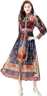 [LAI MENG FIVE CATS] Women's Vintage Paisley Print Shirt Maxi Dress Causal A-line Party Long Dress