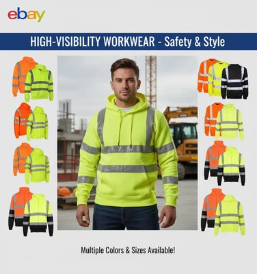 Hi Vis Viz Jacket High Visibility Work Hooded Zipper Top Fleece Sweatshirt