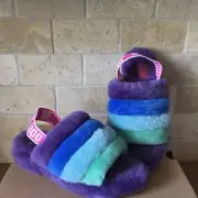 UGG PRIDE RAINBOW FLUFF YEAH SLIDE PURPLE STRIPE SLIPPER SANDAL SIZE 11 WOMEN