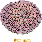 9 Speed Bike Chain Carbon Steel Multicolored Electroplated for Mountain Road Bikes with Fast Shifting Dual X Bridge Design Waist Guided Angle Hardening Long