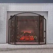 3-Panel Wrought Iron Fireplace Screen with Metal Mesh Cover - Home Living Room Safe Fireplace Fence Decor, Red Copper Cover