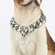 Aiyidi Strong Dog Chain Collar 11/15/19mm Wide Stainless Steel Silver Cuban Link Slip Choker Chew Proof Collar Training Walking for Small, Medium and Large Dogs 12in-26in (19mm,14'')