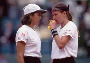 Natasha Zvereva of Belarus Gigi Fernandez USA talking during a Wom- Old Photo