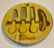 Set of Cheese Knives Wood handles and base, glass cover 8” dia. x 1”. 2 Cups.”