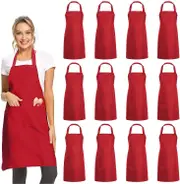 Linkrunning 12 Pack Plain Bib Aprons with 2 Pockets - Red Unisex Commercial Apron Bulk for Kitchen Cooking Restaurant BBQ Painting Crafting