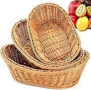 Imitation Rattan Woven Bread Baskets a set of three,Oval Wicker Fruit Vegetable Storage Basket,Stackable Imitation Rattan Snack Storage Basket for Home, Kitchen, Restaurant, Outdoor