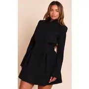 Shape Black Cross Over Cinched Waist Blazer Dress, Black
