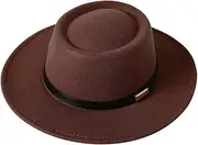 [Punctualgood] Women Men Wool Fedora Hat, Classic Vintage Wide Brim Flat Top Hat Warm Jazz Panama Hat with Belt
