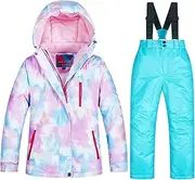 [Abcoll] Kids Boys/Girls 2-Pieces Ski Suit Snowboard Suit Skiing Outfit Waterproof Snowsuit Ski Jacket Hooded & Snow Bib Pants/Trousers, Cotton Fiber Lining (Color : Q, Size : 6-7 Years)