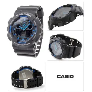 CASIO 卡西歐 G-SHOCK系列 個性機械感三眼雙顯電子錶-黑x藍/55.0mm