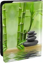 [EdWal] Stone Bamboo Print Passport Cover with Credit Card Holder Leather Passport Case, for Women Men Family ID Travel, Black, One Size